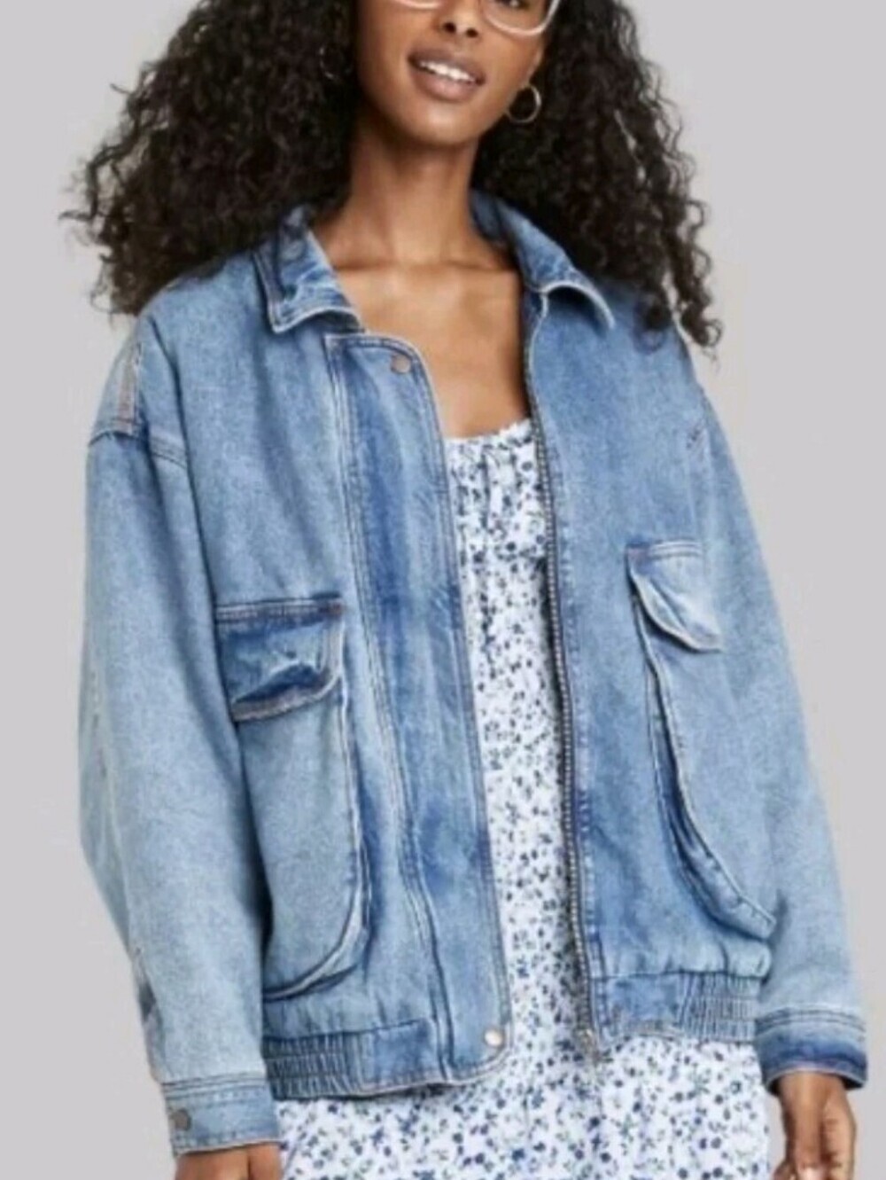 Wild Fable Women Light Wash Blue White Sherpa Lined Denim Jean Jacket Size Large